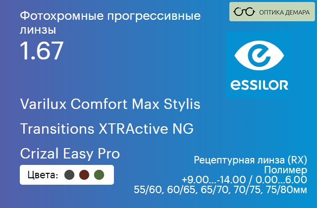 img_581356 Фотохромная прогрессивная линза для очков Essilor Varilux Comfort Max Stylis 1.67 Transitions XTRActive NG Crizal Easy Pro, Sph 9.00 — -14.00, Cyl 0.00 — 6.00 — изображение 1