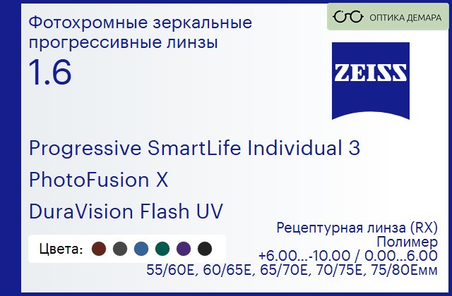 img_590137 Фотохромная прогрессивная линза для очков Carl Zeiss Progressive SmartLife Individual 3 1.6 PhotoFusion X DuraVision Flash UV, Sph 6.00 — -10.00, Cyl 0.00 — 6.00 — изображение 1
