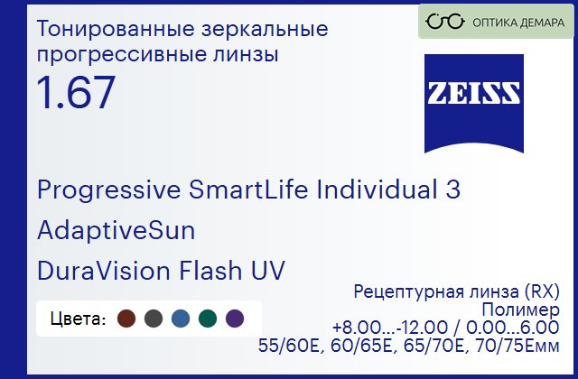 img_590174 Тонированная прогрессивная линза для очков Carl Zeiss Progressive SmartLife Individual 3 1.67 AdaptiveSun DuraVision Flash UV, Sph 8.00 — -12.00, Cyl 0.00 — 6.00 — изображение 1