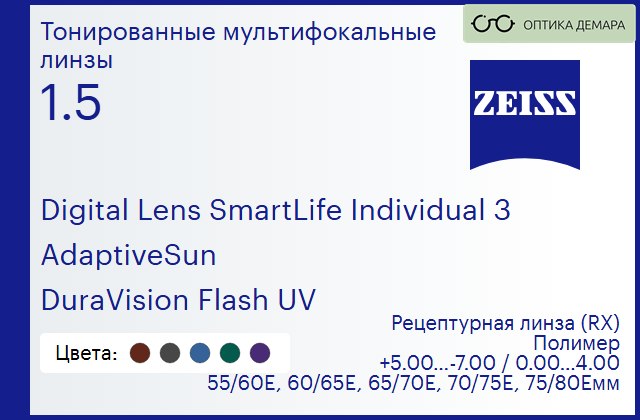 img_591136 Тонированная линза для очков с поддержкой аккомодации Carl Zeiss Digital Lens SmartLife Individual 3 1.5 AdaptiveSun DuraVision Flash UV, рецептурная, Sph 5.00 — -7.00, Cyl 0.00 — 4.00 — изображение 1