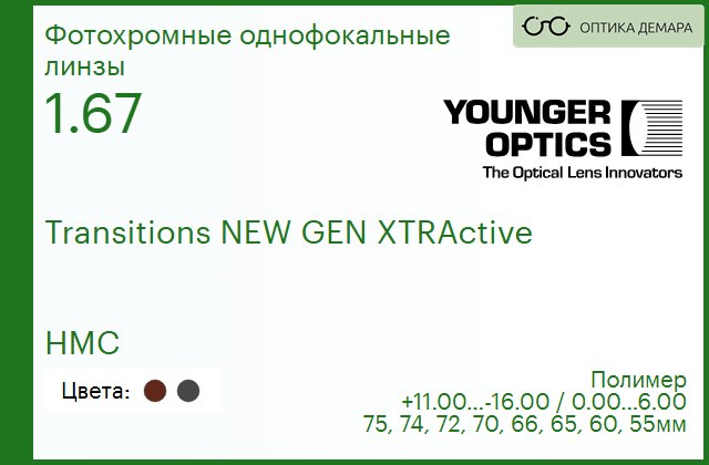 img_790162 Линза для очков TV Younger Optics 1.67 Transitions NEW GEN XTRActive Gray/Brown HMC РЕЦЕПТУРНАЯ ЛИНЗА — изображение 1