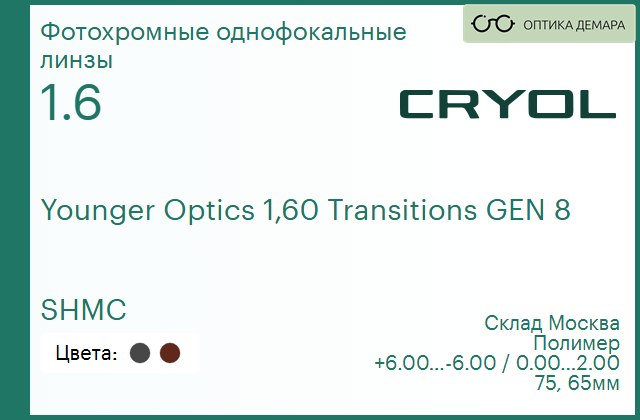 img_831070 Линза для очков Cryol Younger Optics 1,60 Transitions GEN 8 SHMC Brown/Grey — изображение 1