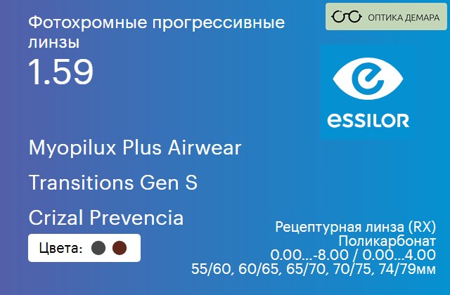img_893785 Фотохромная прогрессивная линза для очков из поликарбоната Essilor Myopilux Plus Airwear 1.59 Transitions Gen S Crizal Prevencia, Sph 0.00 — -8.00, Cyl 0.00 — 4.00 — изображение 1