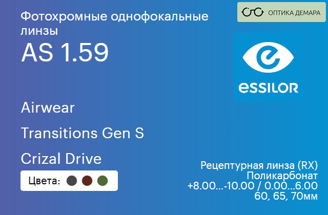 img_893841 Фотохромная линза для очков из поликарбоната Essilor Airwear 1.59 AS Transitions Gen S Crizal Drive, рецептурная, Sph 8.00 — -10.00, Cyl 0.00 — 6.00 — изображение 1