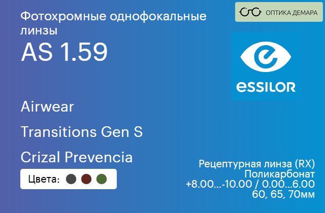 img_893845 Фотохромная линза для очков из поликарбоната Essilor Airwear 1.59 AS Transitions Gen S Crizal Prevencia, рецептурная, Sph 8.00 — -10.00, Cyl 0.00 — 6.00 — изображение 1