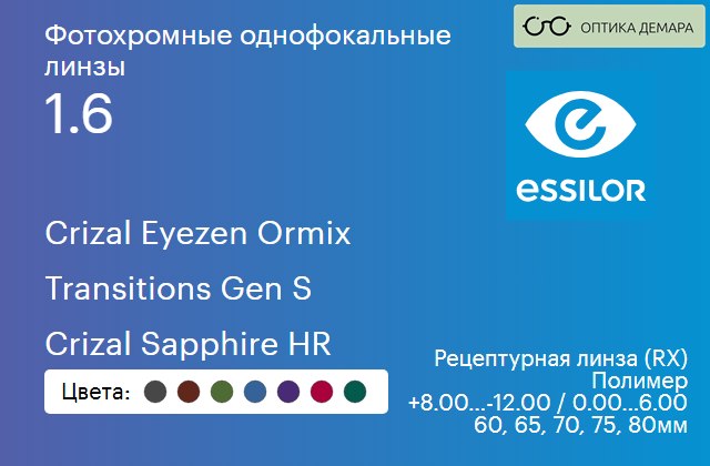 img_894081 Фотохромная линза для очков с поддержкой аккомодации Essilor Crizal Eyezen Ormix 1.6 Transitions Gen S Crizal Sapphire HR, рецептурная, Sph 8.00 — -12.00, Cyl 0.00 — 6.00 — изображение 1
