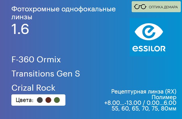img_894089 Фотохромная линза для очков Essilor F-360 Ormix 1.6 Transitions Gen S Crizal Rock, рецептурная, Sph 8.00 — -13.00, Cyl 0.00 — 6.00 — изображение 1