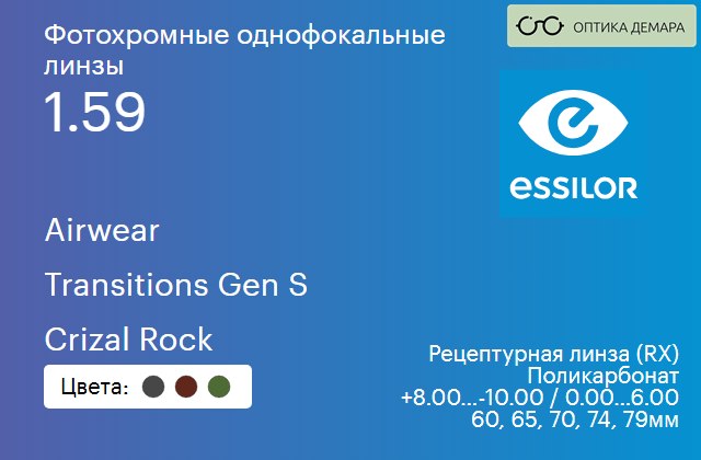 img_894111 Фотохромная линза для очков из поликарбоната Essilor Airwear 1.59 Transitions Gen S Crizal Rock, рецептурная, Sph 8.00 — -10.00, Cyl 0.00 — 6.00 — изображение 1