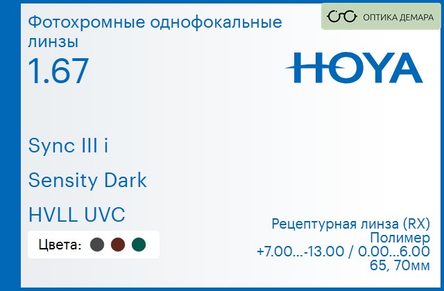 img_945731 Фотохромная линза для очков с поддержкой аккомодации Hoya Sync III i 1.67 Sensity Dark HVLL UVC, рецептурная, Sph 7.00 — -13.00, Cyl 0.00 — 6.00 — изображение 1