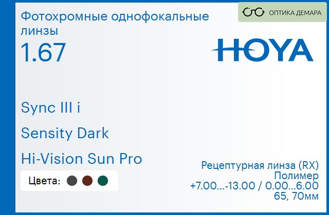 img_945733 Фотохромная линза для очков с поддержкой аккомодации Hoya Sync III i 1.67 Sensity Dark Hi-Vision Sun Pro, рецептурная, Sph 7.00 — -13.00, Cyl 0.00 — 6.00 — изображение 1