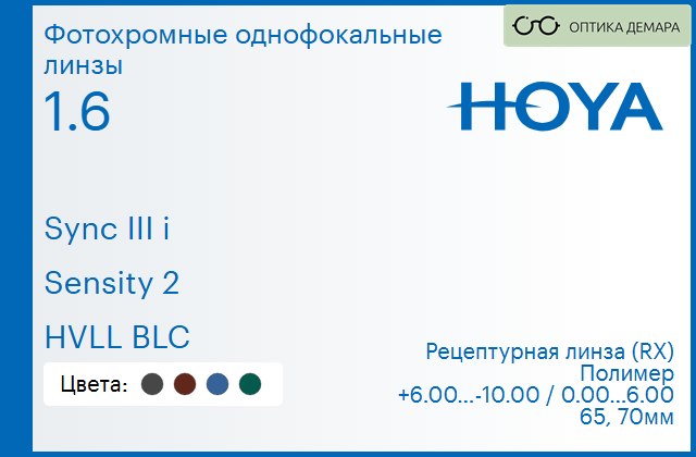 img_945751 Фотохромная линза для очков с поддержкой аккомодации Hoya Sync III i 1.6 Sensity 2 HVLL BLC, рецептурная, Sph 6.00 — -10.00, Cyl 0.00 — 6.00 — изображение 1