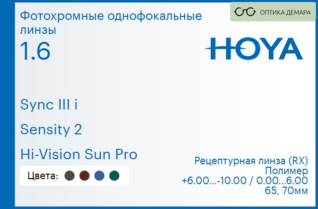 img_945755 Фотохромная линза для очков с поддержкой аккомодации Hoya Sync III i 1.6 Sensity 2 Hi-Vision Sun Pro, рецептурная, Sph 6.00 — -10.00, Cyl 0.00 — 6.00 — изображение 1