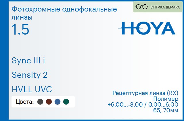 img_945811 Фотохромная линза для очков с поддержкой аккомодации Hoya Sync III i 1.5 Sensity 2 HVLL UVC, рецептурная, Sph 6.00 — -8.00, Cyl 0.00 — 6.00 — изображение 1