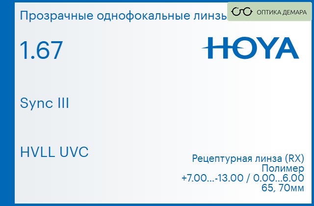 img_945847 Линза для очков с поддержкой аккомодации Hoya Sync III 1.67 HVLL UVC, рецептурная, Sph 7.00 — -13.00, Cyl 0.00 — 6.00 — изображение 1