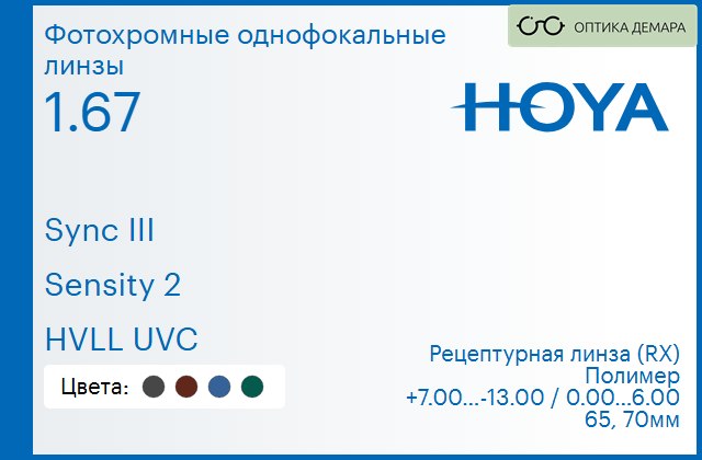 img_945861 Фотохромная линза для очков с поддержкой аккомодации Hoya Sync III 1.67 Sensity 2 HVLL UVC, рецептурная, Sph 7.00 — -13.00, Cyl 0.00 — 6.00 — изображение 1