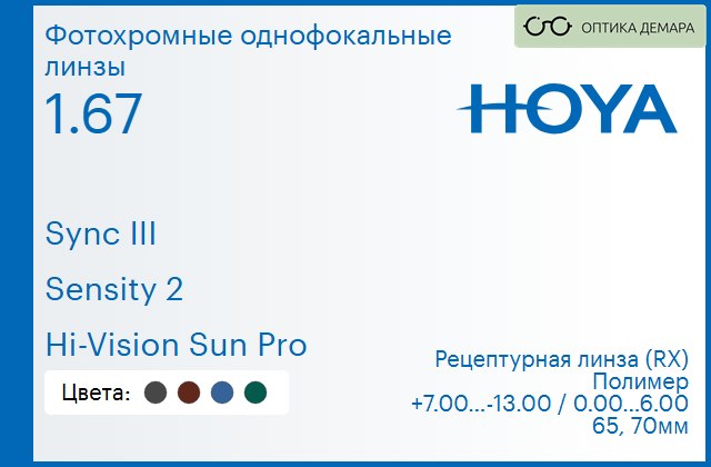 img_945863 Фотохромная линза для очков с поддержкой аккомодации Hoya Sync III 1.67 Sensity 2 Hi-Vision Sun Pro, рецептурная, Sph 7.00 — -13.00, Cyl 0.00 — 6.00 — изображение 1