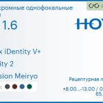 Фотохромная линза для очков Hoya Nulux iDentity V+ 1.6 AS Sensity 2 Hi-Vision Meiryo, рецептурная, Sph 8.00 — -13.00, Cyl 0.00 — 6.00
